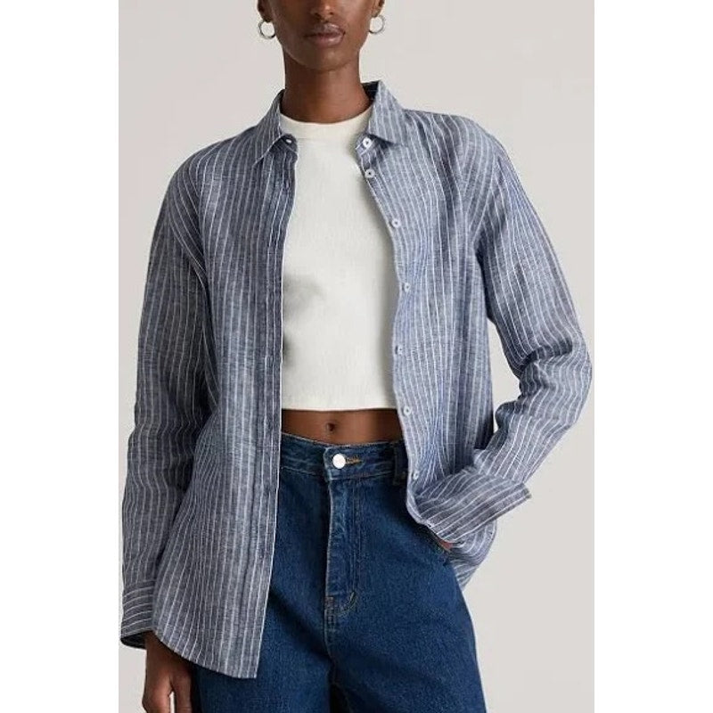 Quince 100% European Linen Long Sleeve Button Up Shirt Chambray Stripe Blue S