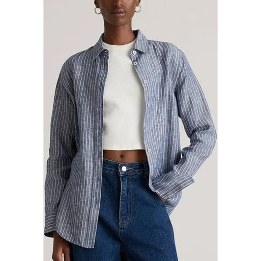 Quince 100% European Linen Long Sleeve Button Up Shirt Chambray Stripe Blue S