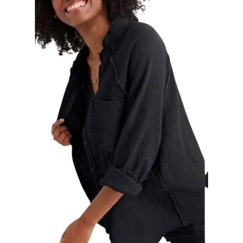 Aerie Crinkled Gauze Long Sleeve Curved Hem Oversized Button-Down Shirt Black S