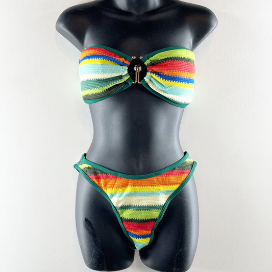 ZAFUL Crochet U Ring Strapless Bandeau Two Piece Bikini Green Orange Medium