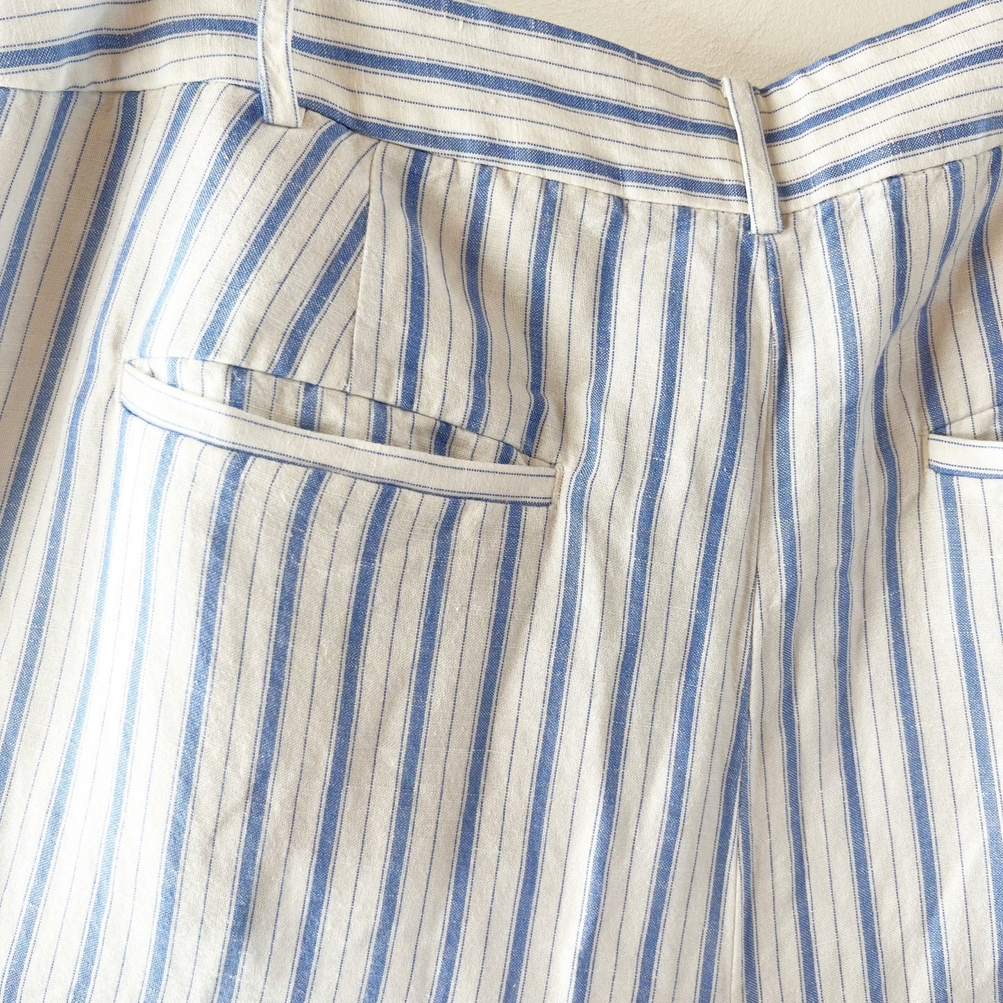 LOFT Peyton Striped Linen High Waisted Wide-Leg Trouser Pants White Blue 16
