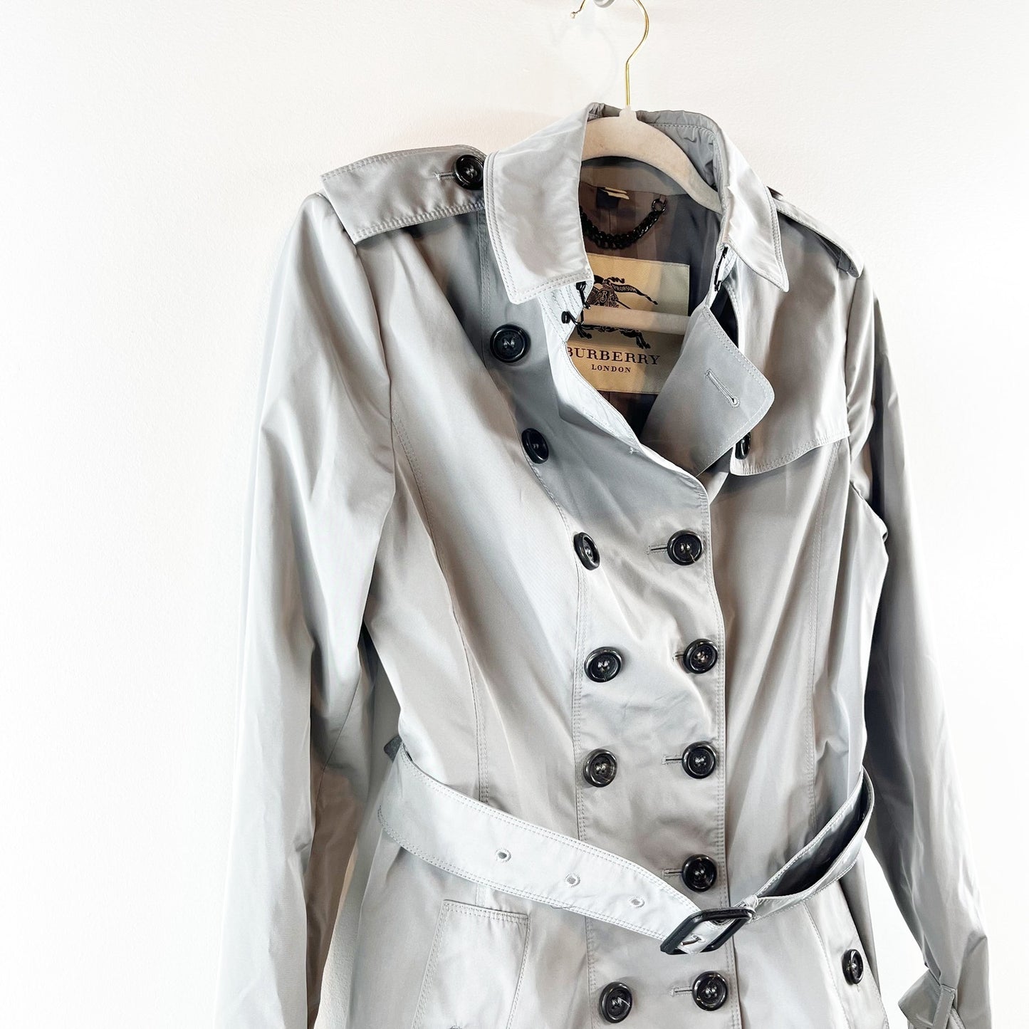 Burberry London Long Sleeve Double Breasted Belted Trench Coat Light Gray 6