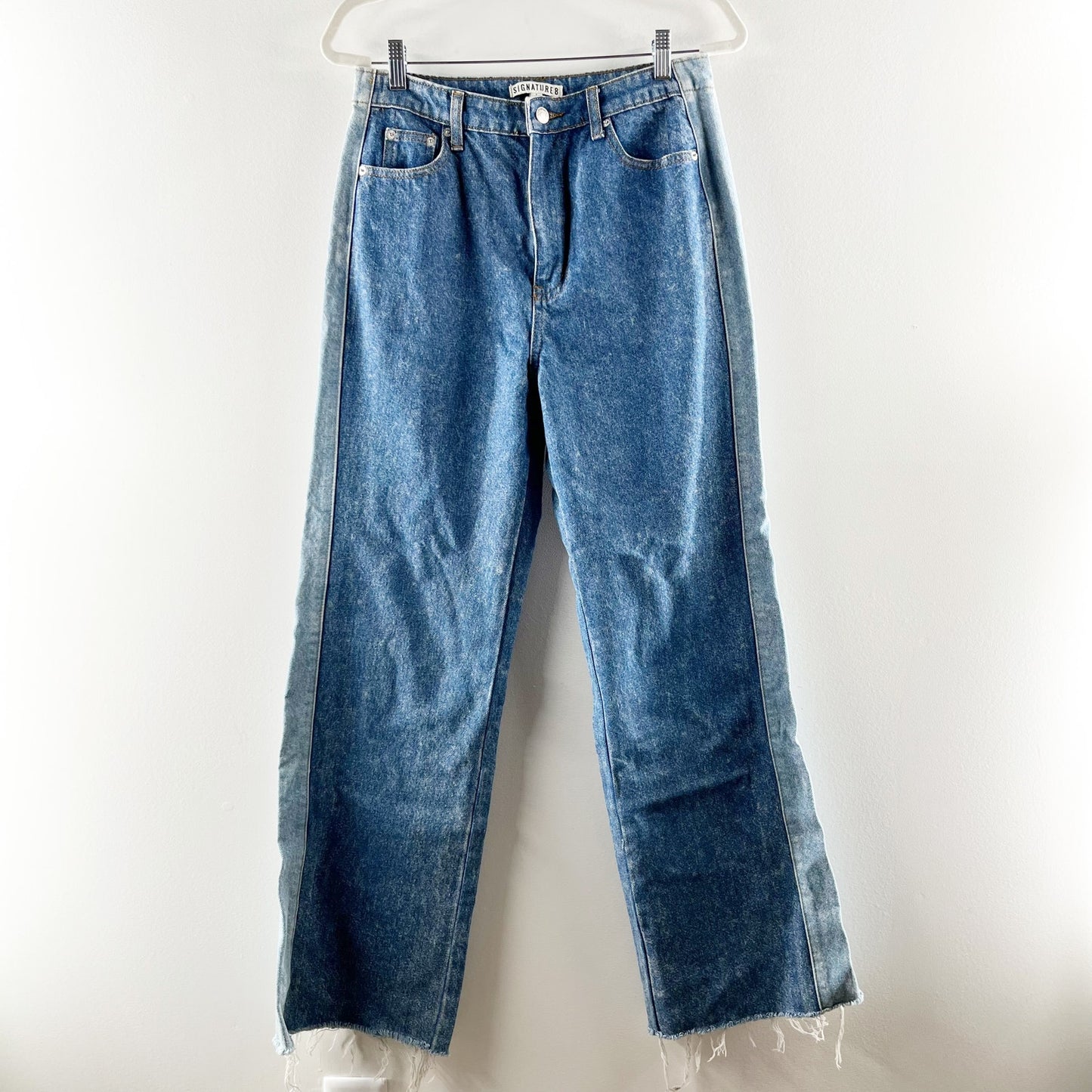 Signature 8 Two-Tone Cotton High Waisted Straight Leg Jeans Blue Large