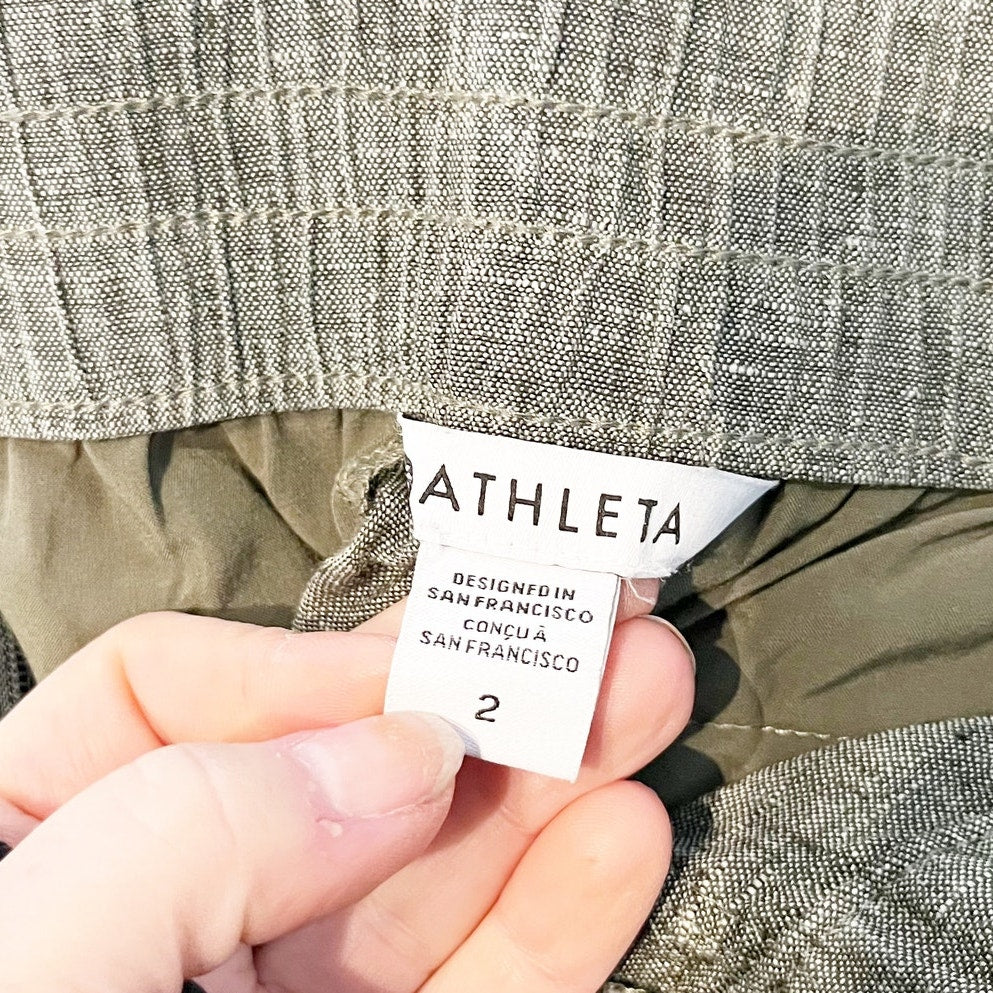 Athleta Voyager High Rise Cropped Linen Straight Leg Pants Green 2