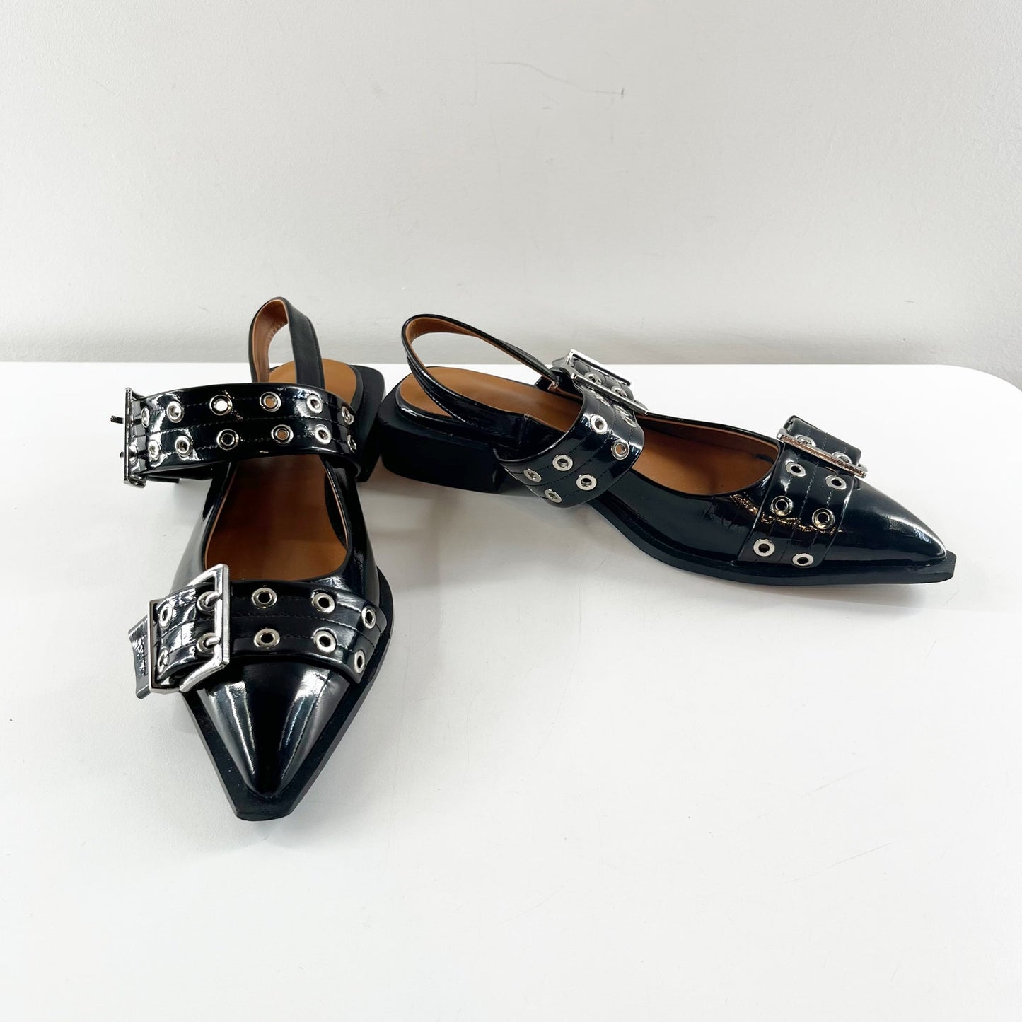 Black Patent Leather Buckle Slip On Pointed Toe Slingback Flat Shoes 39 / 8.5