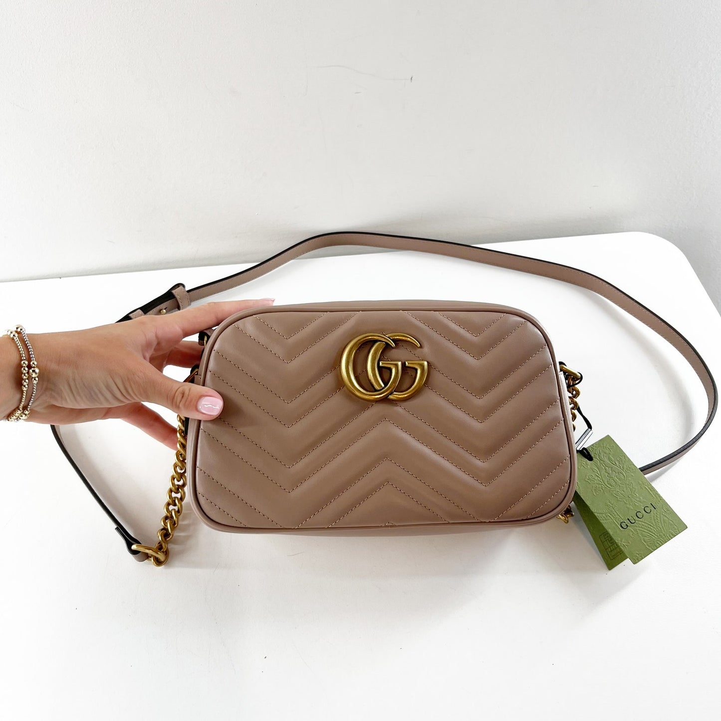 Gucci GG Marmont Chevron Camera Crossbody Bag Purse Porcelain Rose Lion Trap
