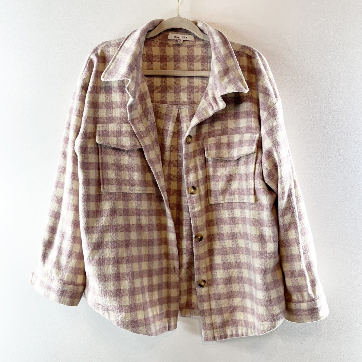 Moodie Wool Blend Check Buffalo Plaid Shirt Jacket Shacket Purple Cream Medium