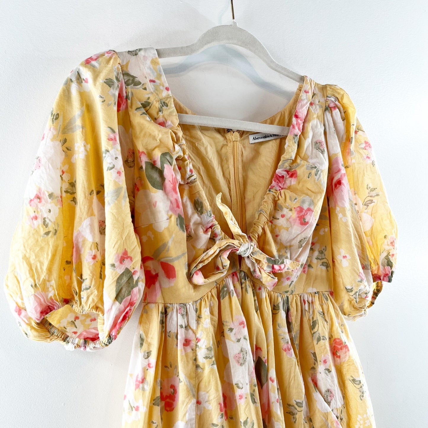 Abercrombie & Fitch Puff Short Sleeve Floral Tie Front Mini Dress Yellow XS