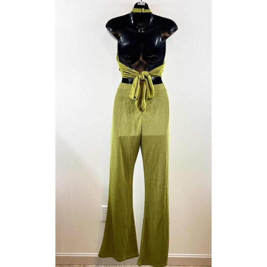Peppermayo Wrap Tie Crop Bra Top and High Rise Flare Pants Matching Set Green 6