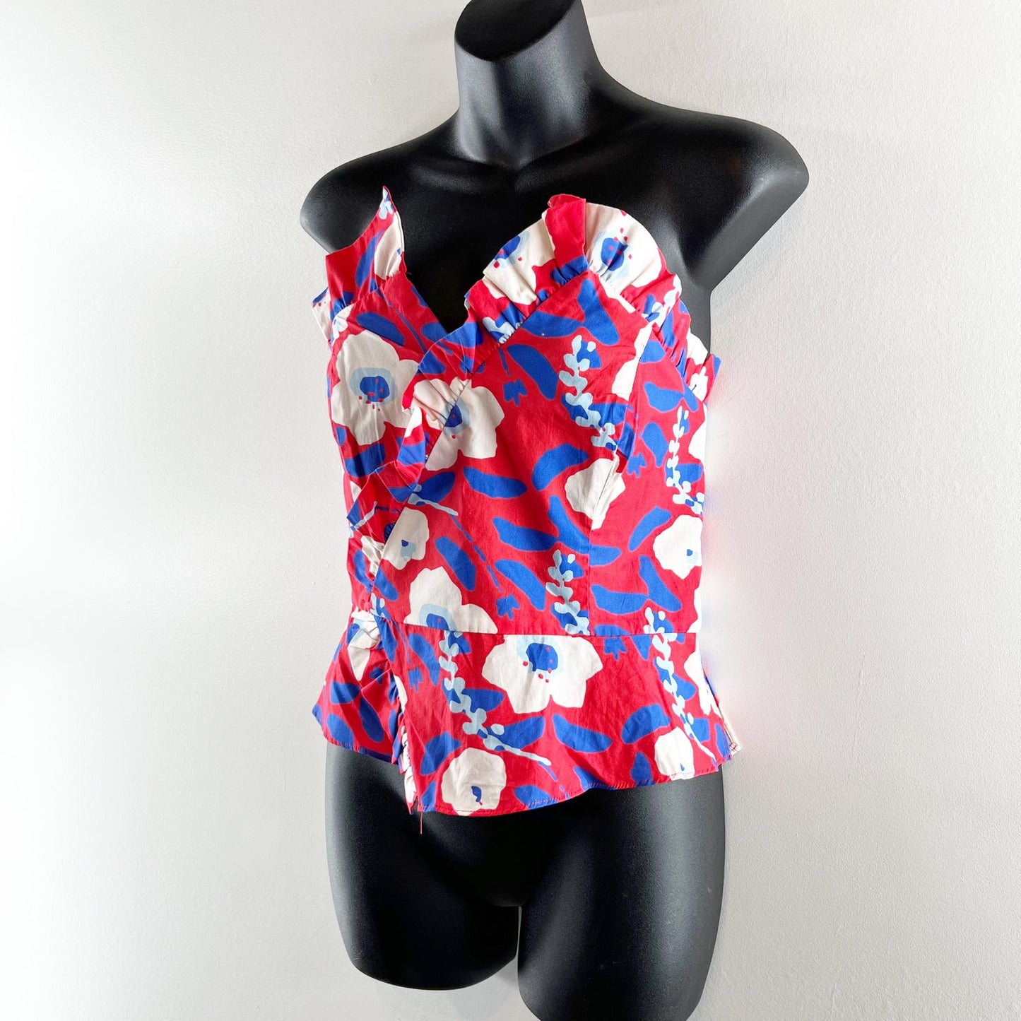 Hutch by Anthropologie Floral Printed Strapless Ruffle Top Red/White/Blue 10