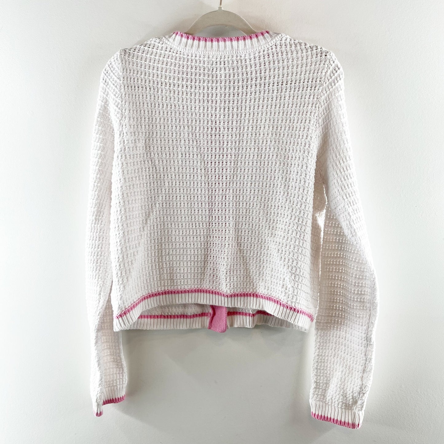 Nicole Miller Long Sleeve Cotton Button Up Cardigan Sweater White Pink Medium