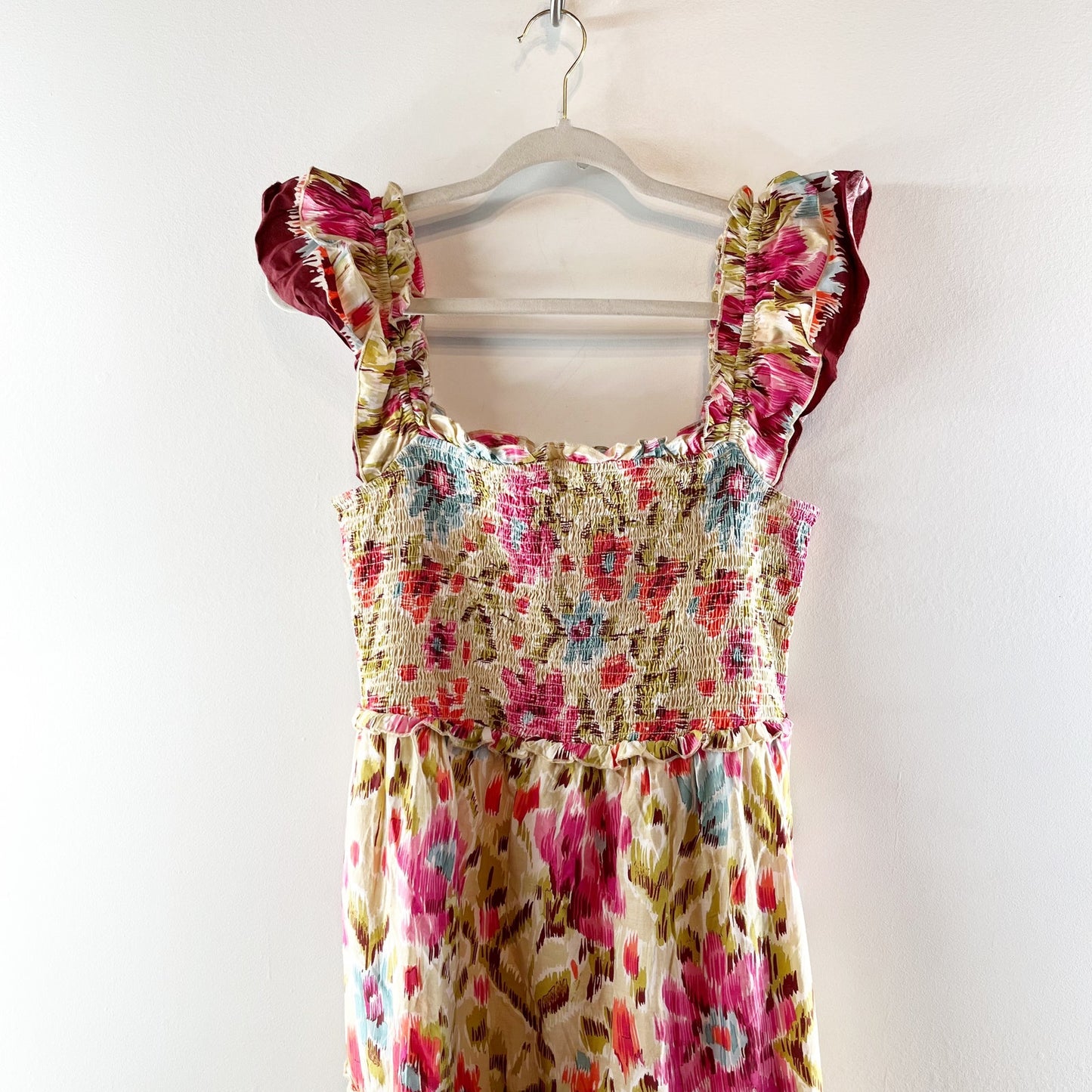 House of Harlow 1960 Zoey Floral Flutter Sleeve Smocked Maxi Dress Pink Multi L