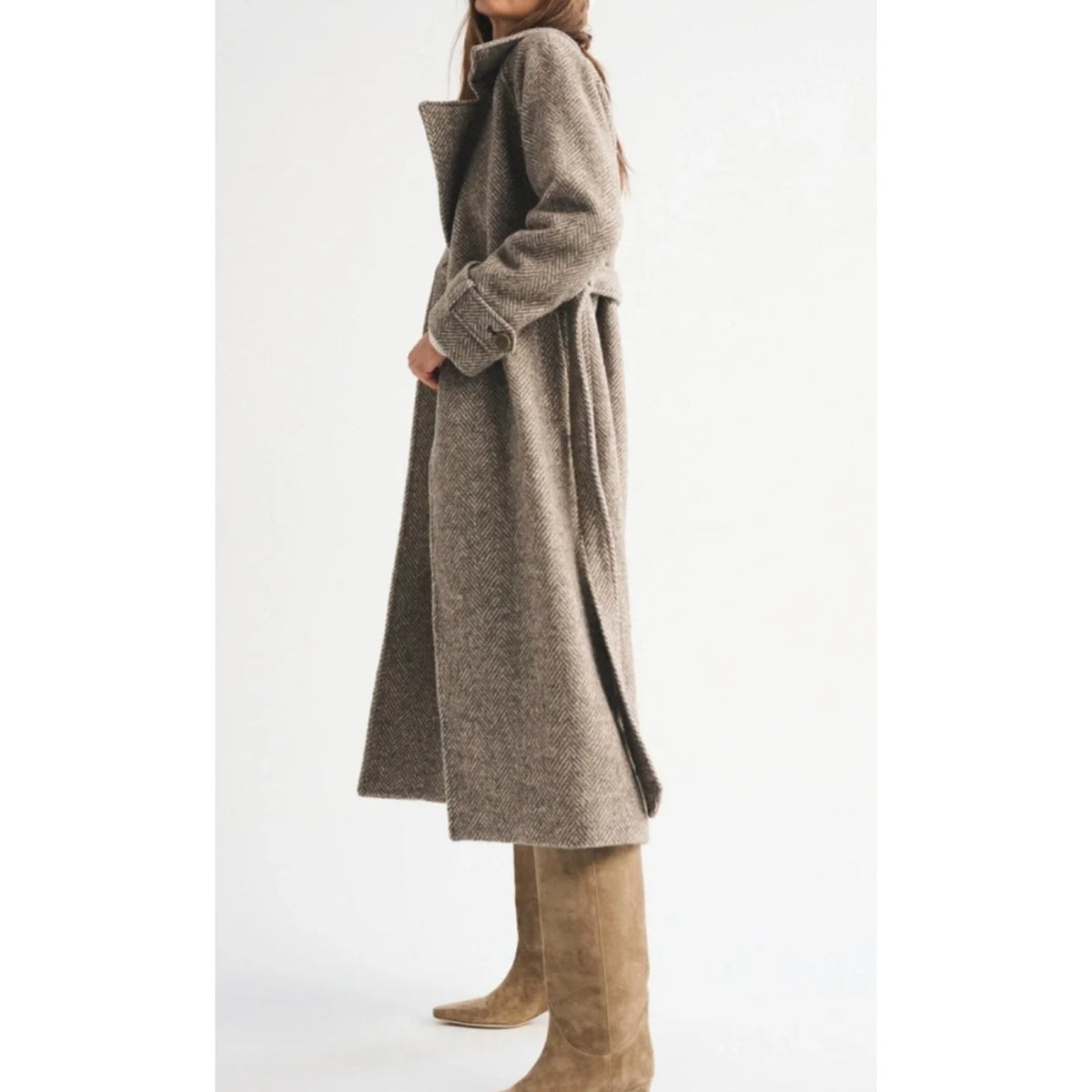 Abercrombie Carrie Wool Blend Belted Trench Coat Brown Herringbone Small