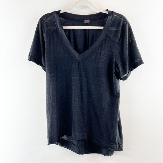 Free People V Neck Short Sleeve Linen Blend T-Shirt Black Small