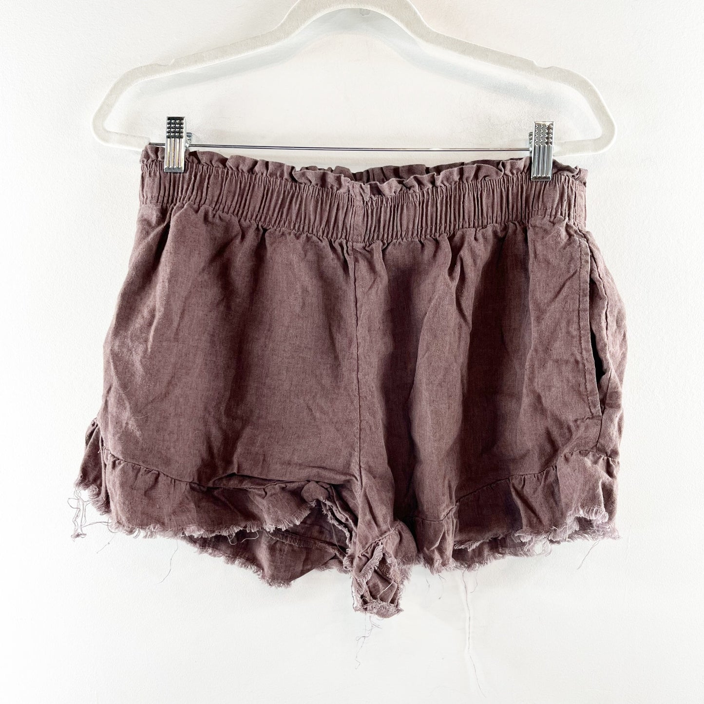 Aerie High Rise Ruffle Hem Linen Blend Pull On Shorts Brown Large