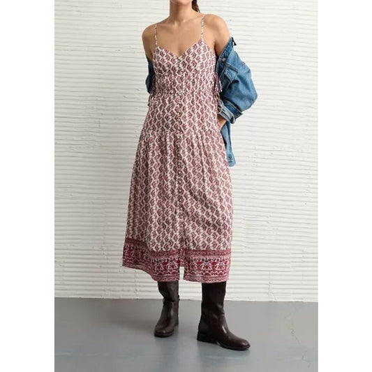 American Eagle Outfitters Sleeveless V-Neck Side Tie Tiered Midi Dress Berry S