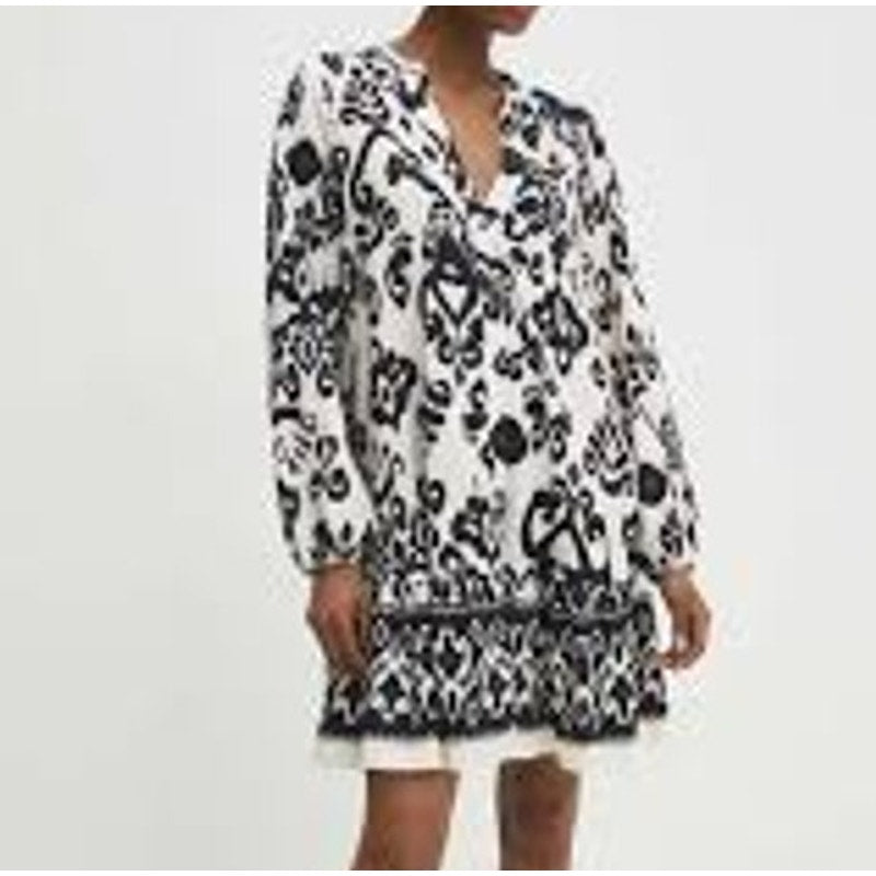 ZARA Long Sleeve Paisley Print Swing Mini Dress White Black Small