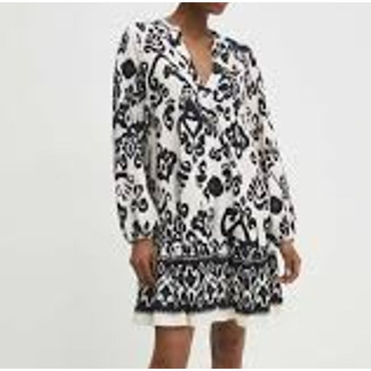 ZARA Long Sleeve Paisley Print Swing Mini Dress White Black Small