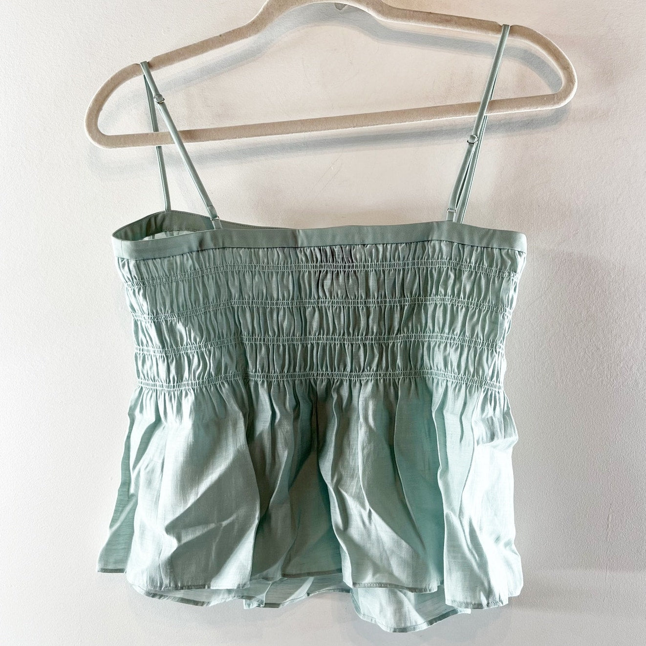 Reformation Cicely Sleeveless Straight Neck Smocked Tank Top Seafoam Green 2