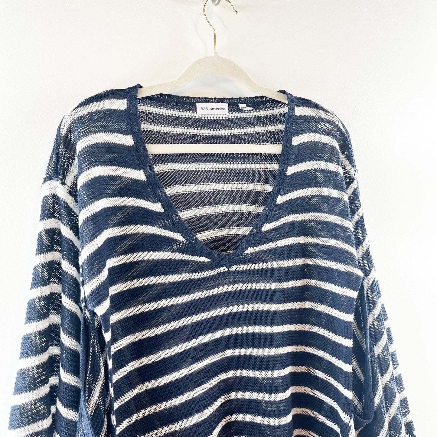 525 America Linen Striped Fringe Trim Poncho Sweater Navy Blue White XS / S