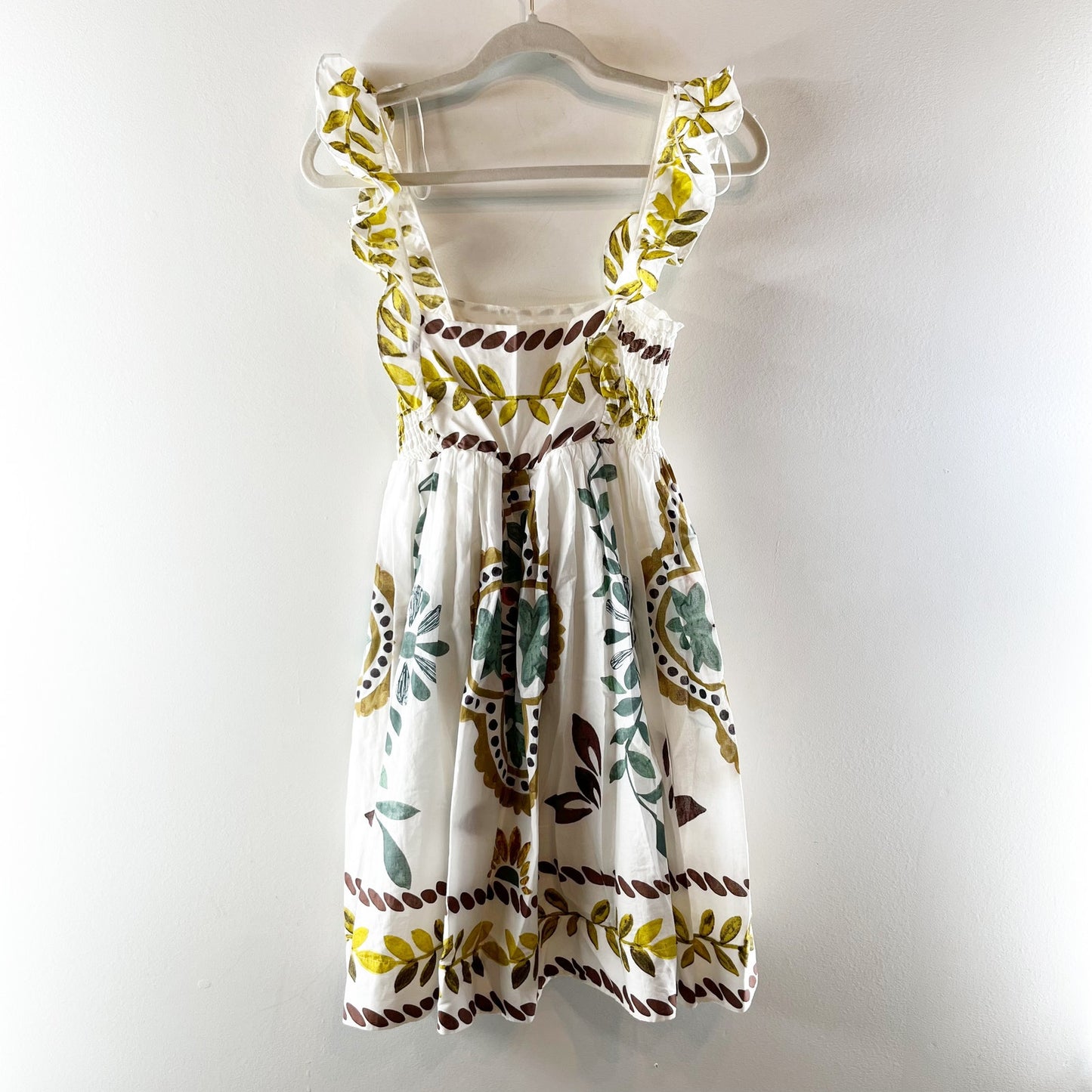 Anthropologie Ruffle-Sleeve Square-Neck Printed Mini Dress White XS