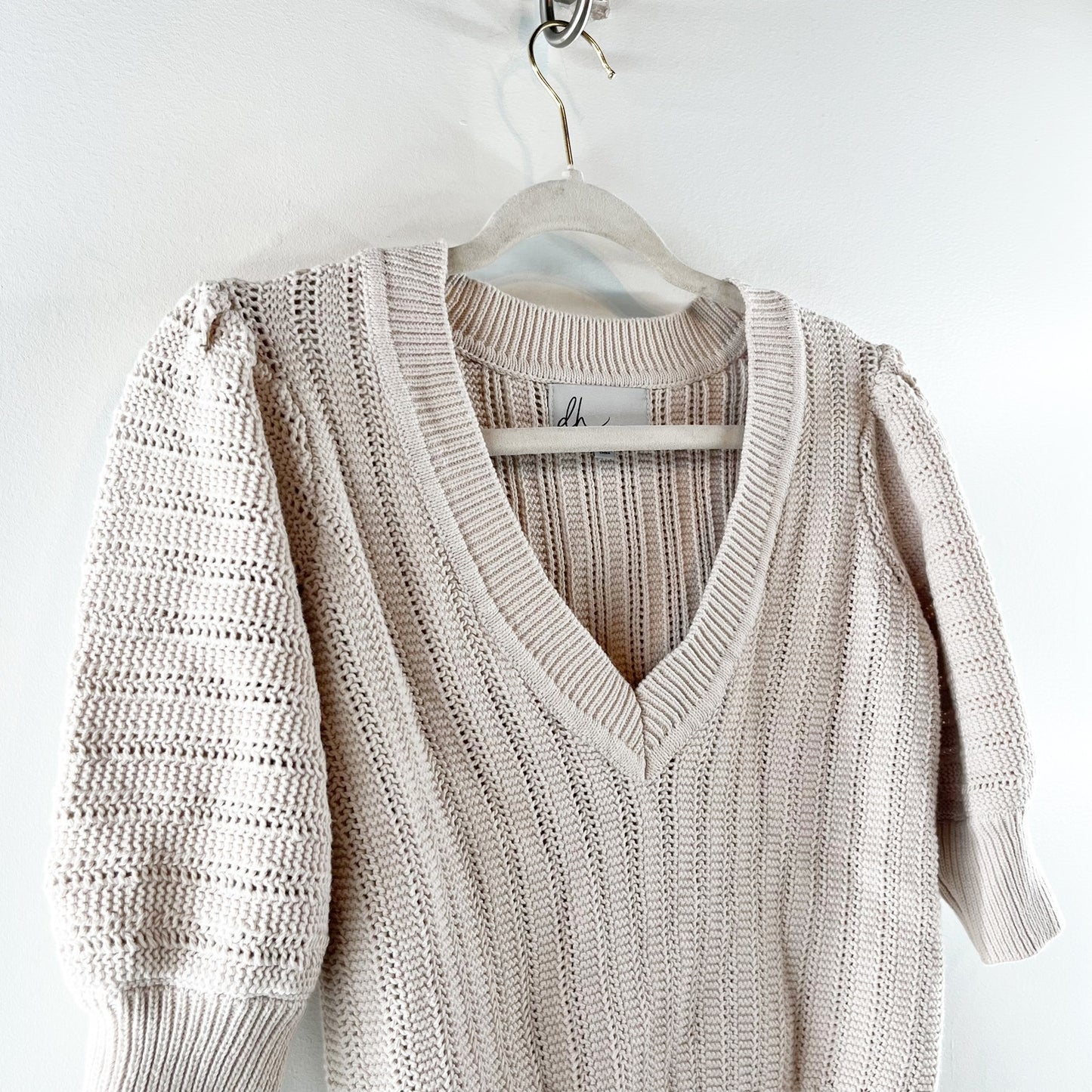 Design History Willow Cotton Puff Sleeve V-Neck Knit Pullover Sweater Cream S