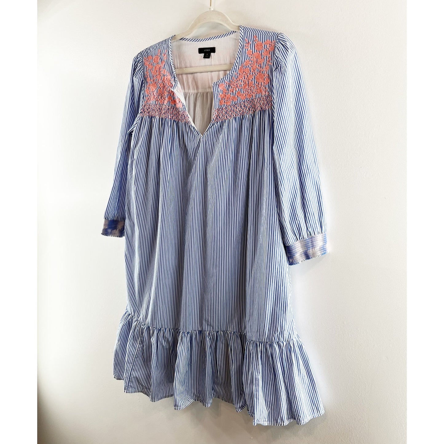 J. Crew Leda Popover Embroidered Striped 3/4 Sleeve Cotton Mini Dress Blue Small