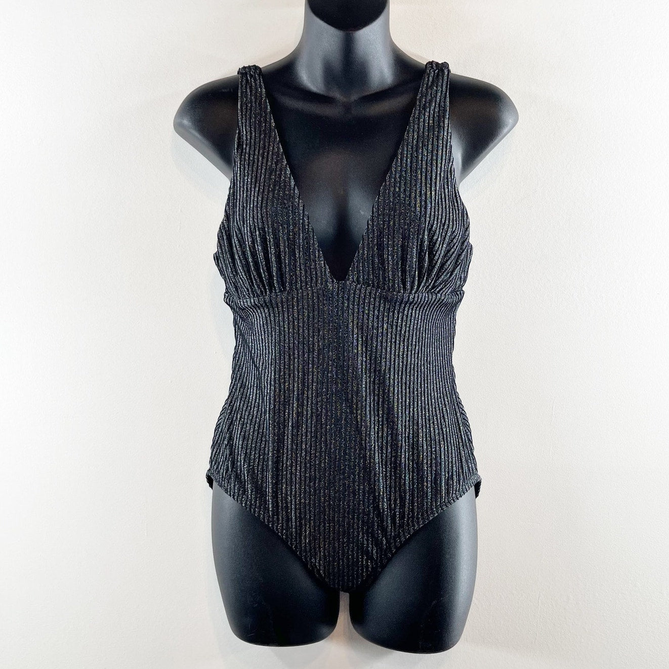 Andie Swim Metallic Ribbed Shimmer One Piece Swimsuit Black Small