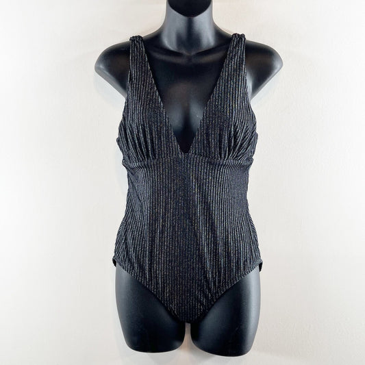 Andie Swim Metallic Ribbed Shimmer One Piece Swimsuit Black Small