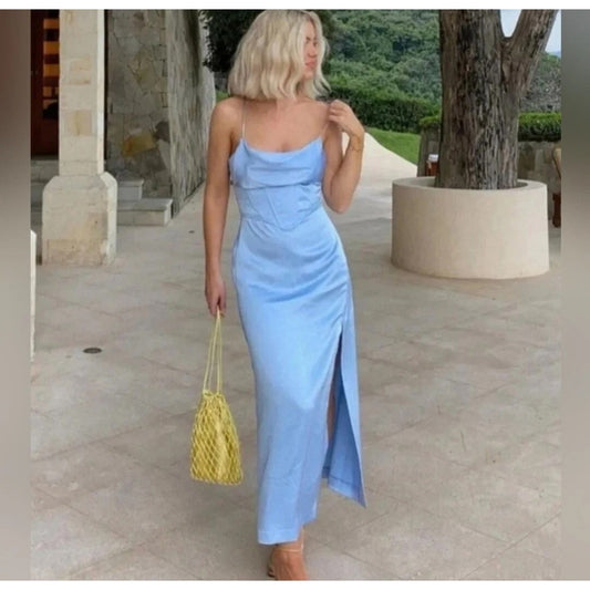 ZARA Satin Corset Style Top Sleeveless Maxi Slip Dress with Slit Sky Blue Medium