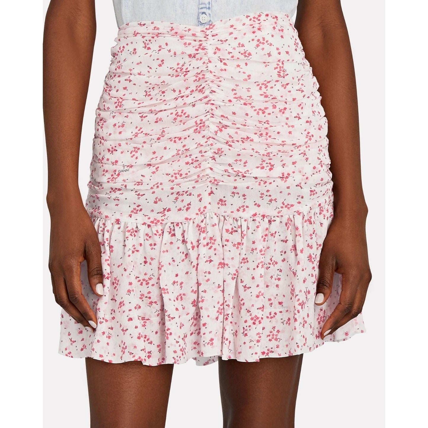 Ganni Georgetti Floral Print High Waisted Ruched Mini Skirt Pink White 34