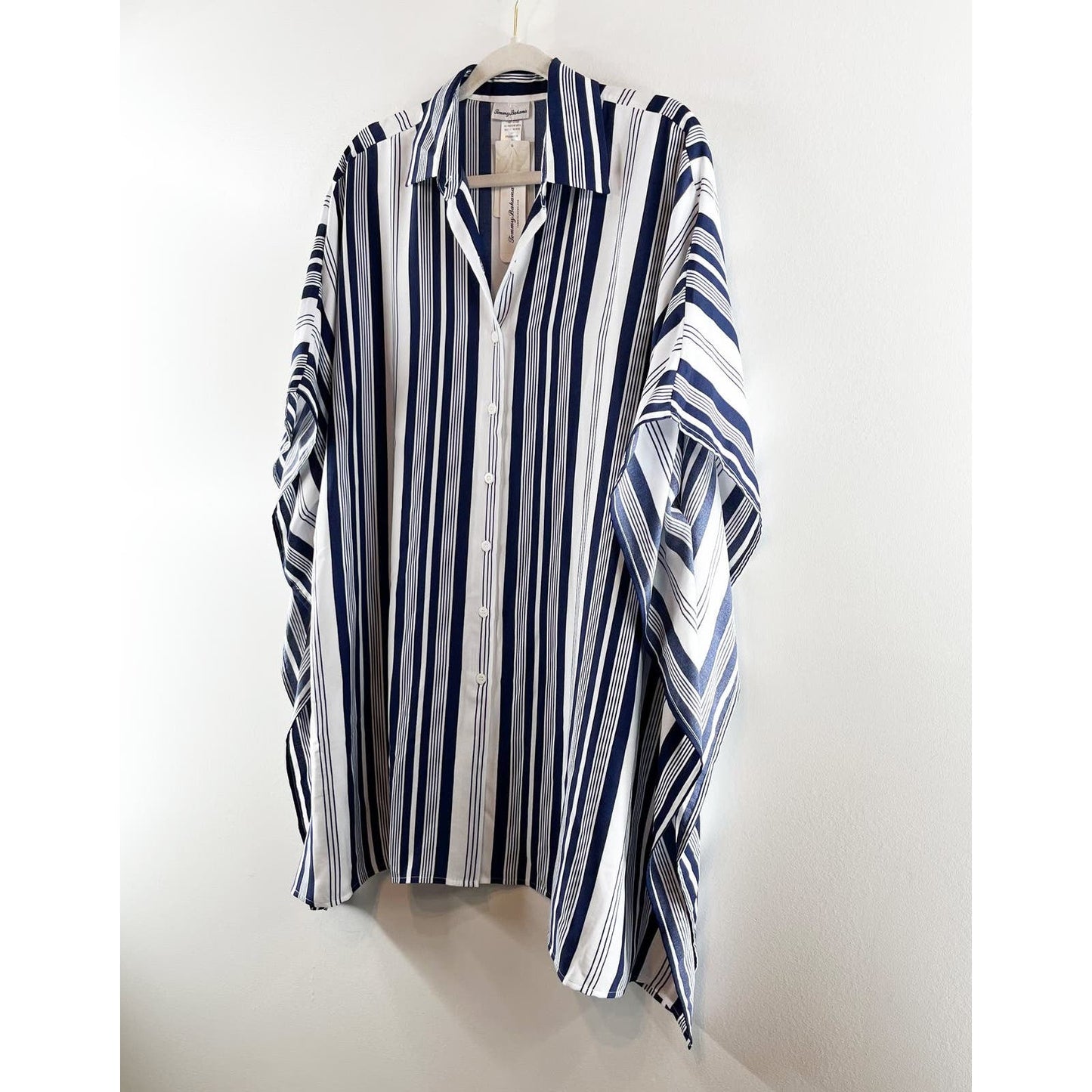 Tommy Bahama Tan Lines Striped Boyfriend Button Down Tunic Shirt Blue L/XL