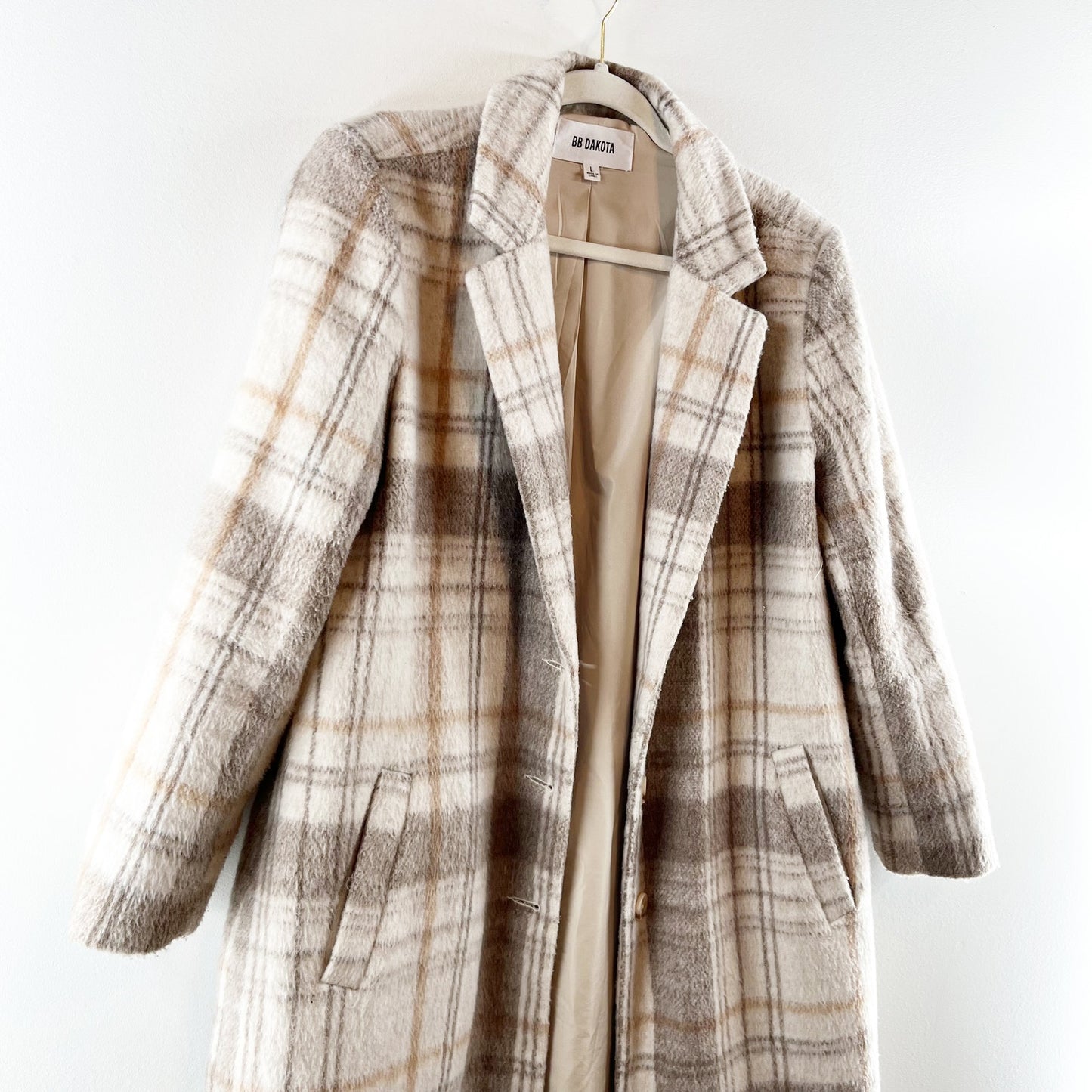BB Dakota Plaid To Be Said Long Sleeve Notch Lapel Overcoat Peacoat Tan Large