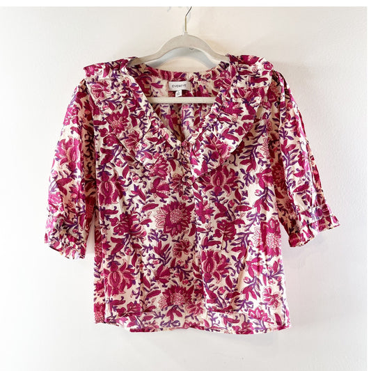 Evereve Floral 3/4 Sleeve Ruffle Trim V-Neck Blouse Top Pink White Small