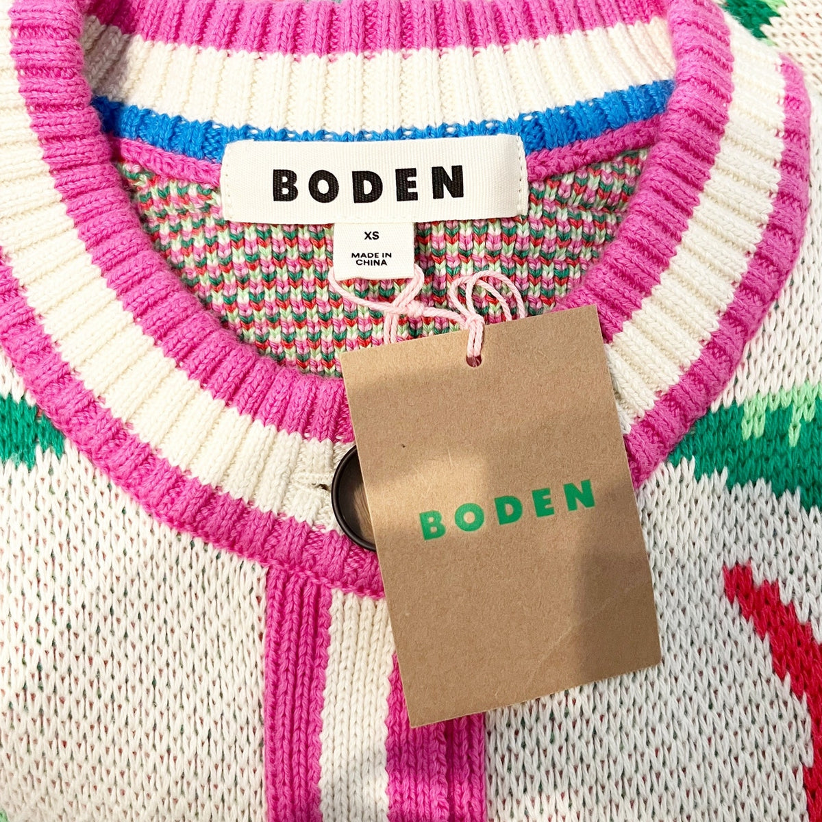 Boden Abi Jacquard Long Sleeve Cardigan Sweater Warm Ivory Palm Tree Birds XS