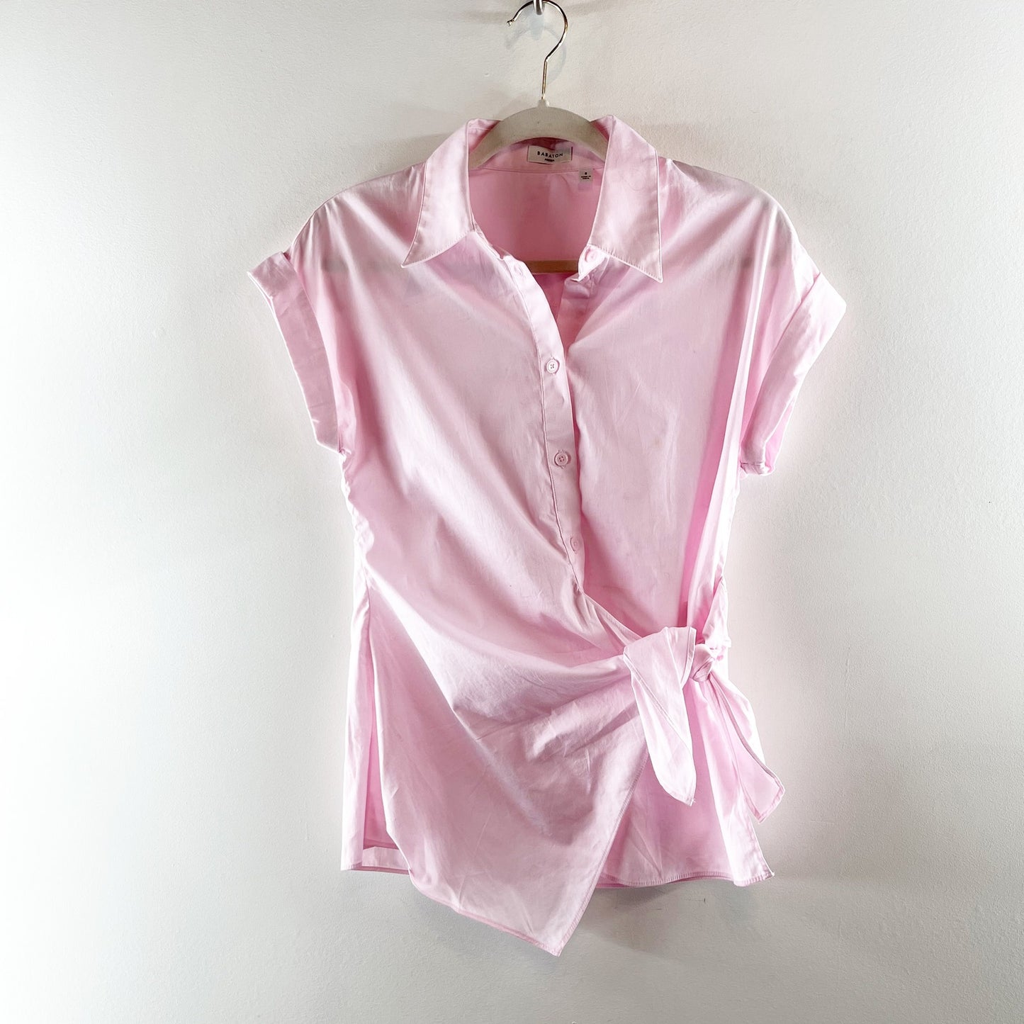 Babaton Aritzia Blueprint Poplin Short Sleeve Tie Front Top Blouse Villa Pink S