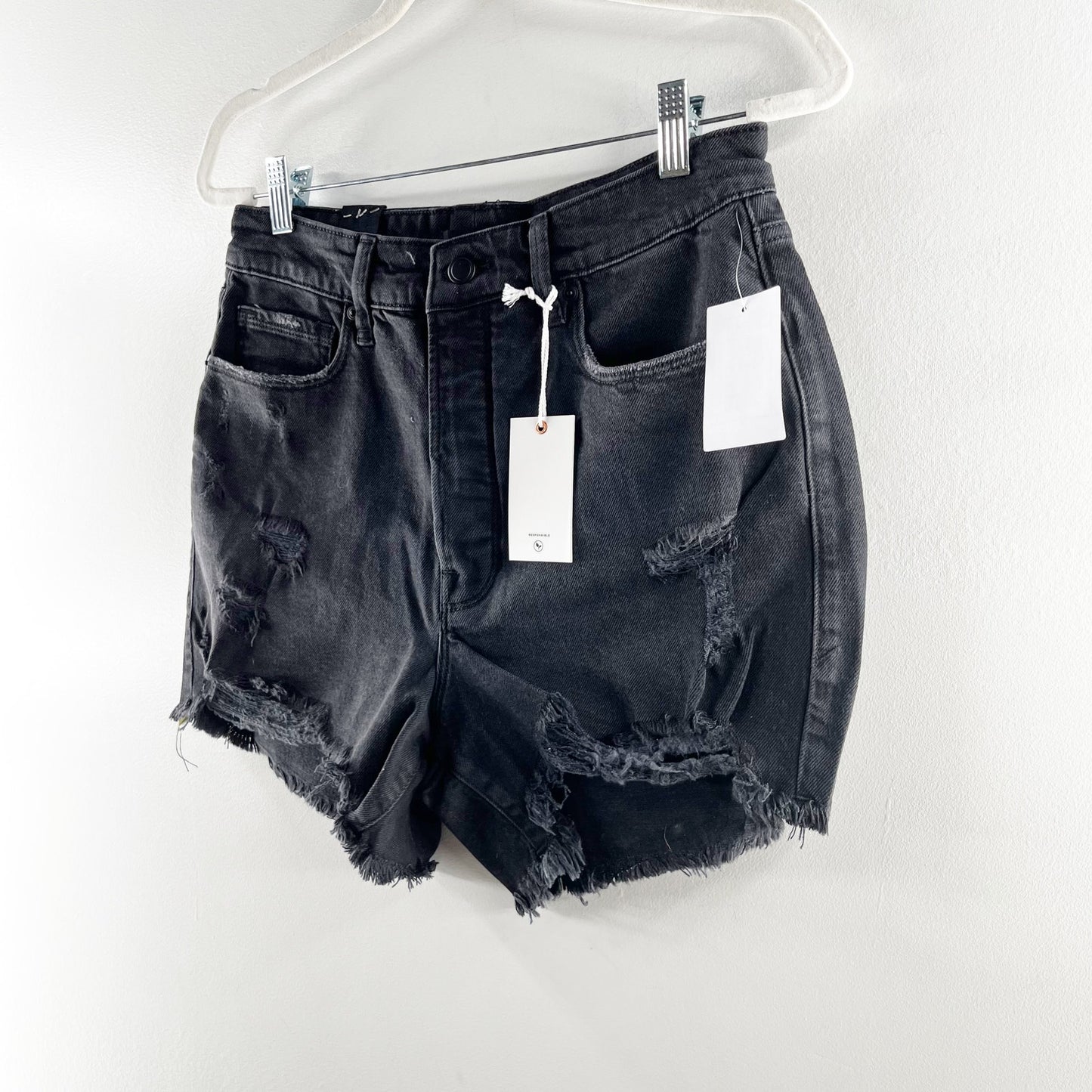 Good American High Waisted Distressed Bombshell Jean Shorts Black 10 / 30