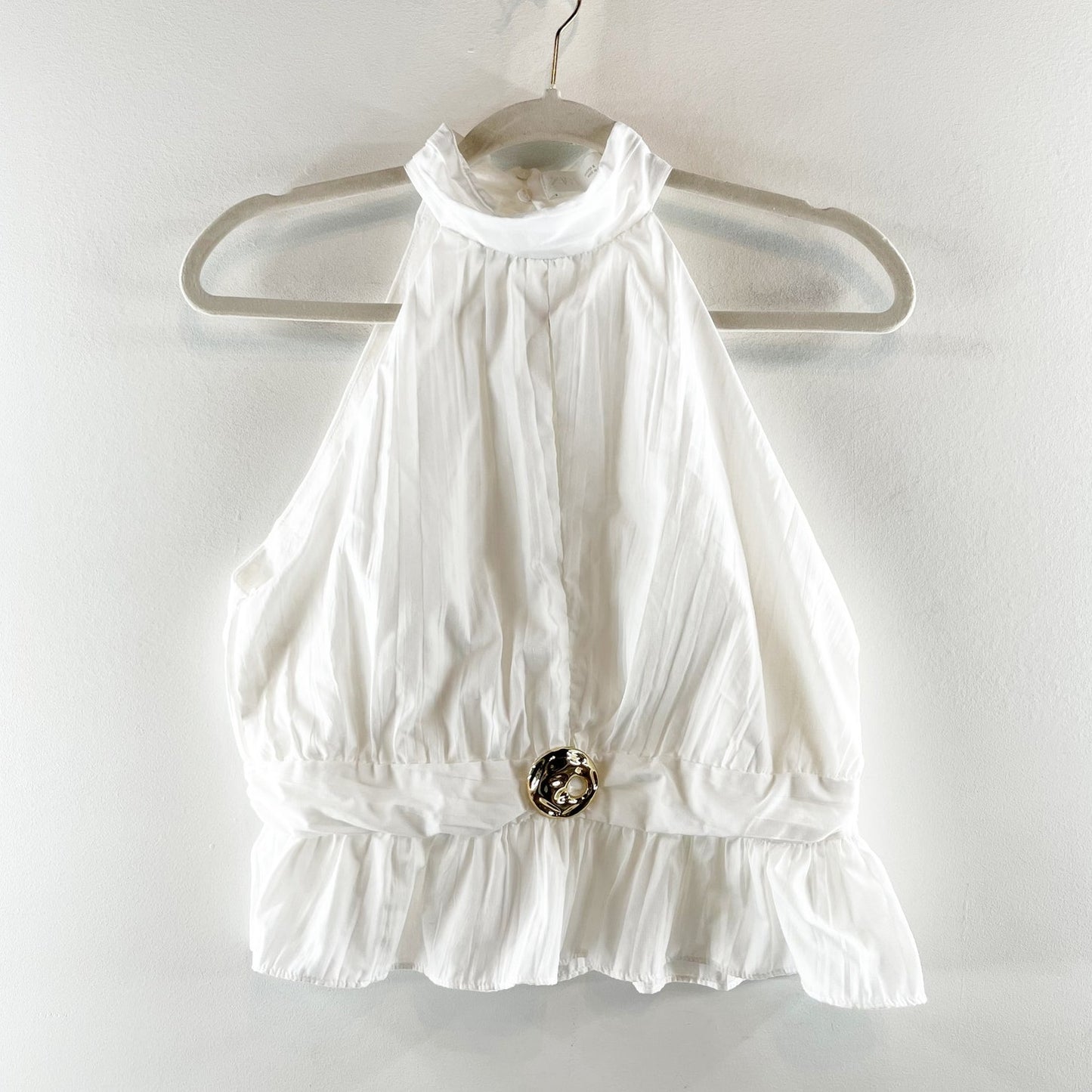 ZARA Halter Front Cutout Gold Detail Cropped Peplum Tank Top White Small