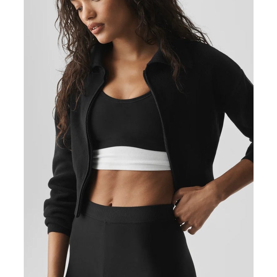 Alo Yoga Scholar Long Sleeve Collared Knit Cropped Full Zip Jacket Black Small