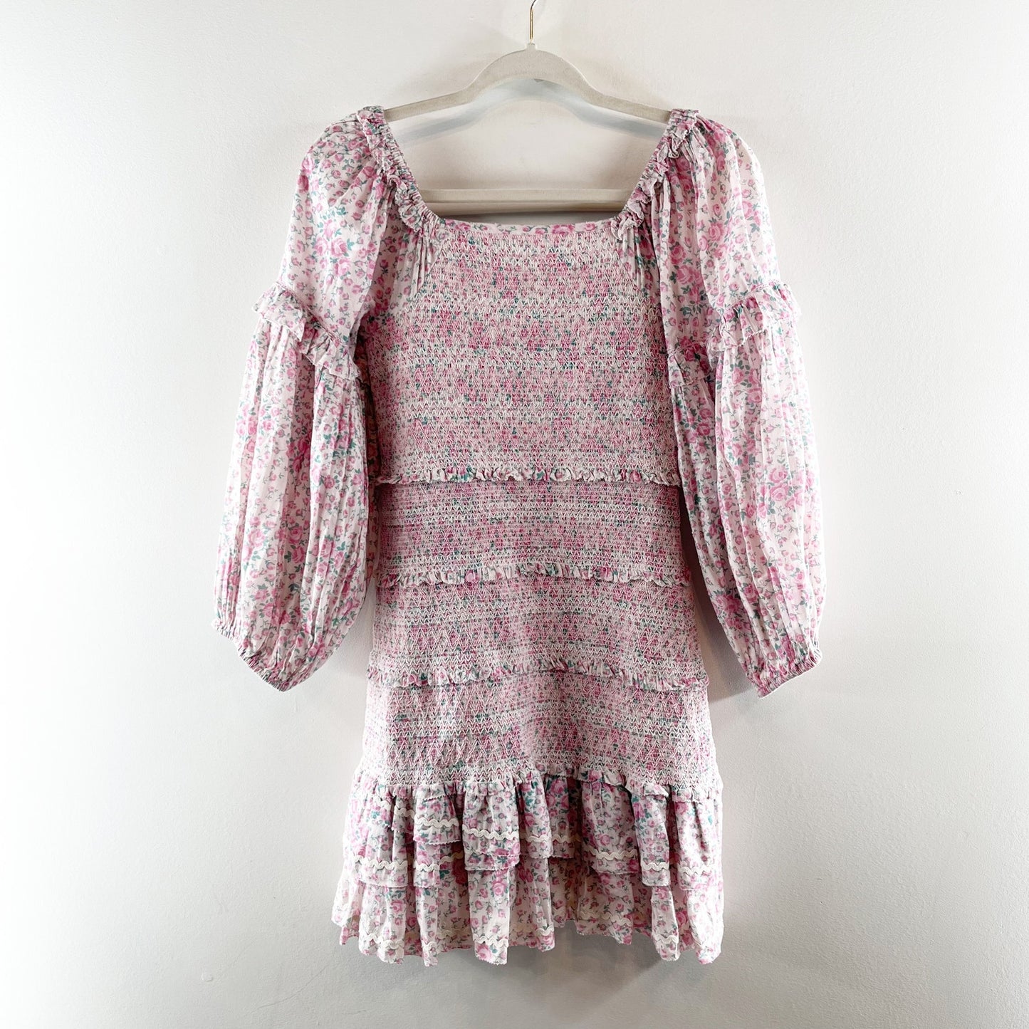 LoveShackFancy Ensley Cotton Smocked Mini Dress Pink Candy Heart Print Small