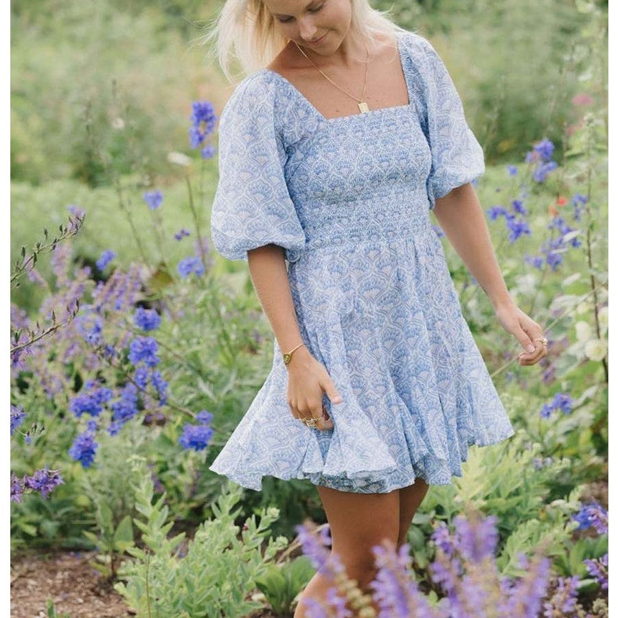 Erica Wilson Fan Fan Smocked Bodice Short Sleeve Mini Dress Shell Blue Small