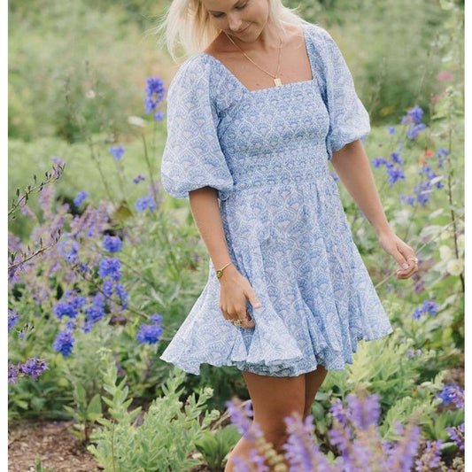 Erica Wilson Fan Fan Smocked Bodice Short Sleeve Mini Dress Shell Blue Small