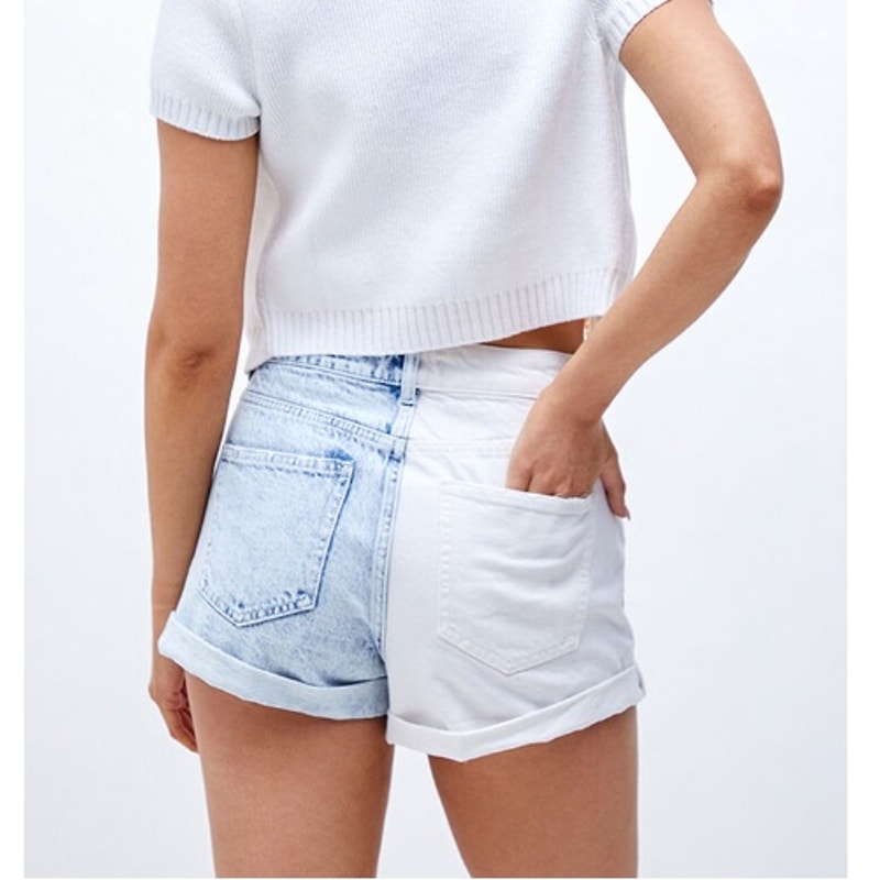 PacSun High Waisted Two-Tone Cuffed Hem Mom Shorts Blue White Denim 29