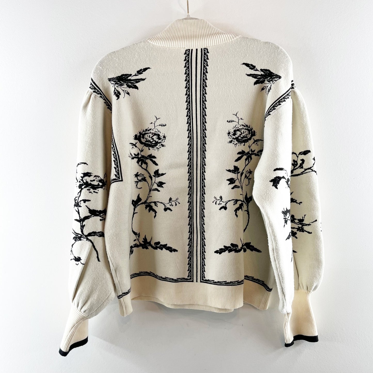 Jason Wu Long Balloon Sleeve Mock Neck Floral Printed Sweater Cream Large