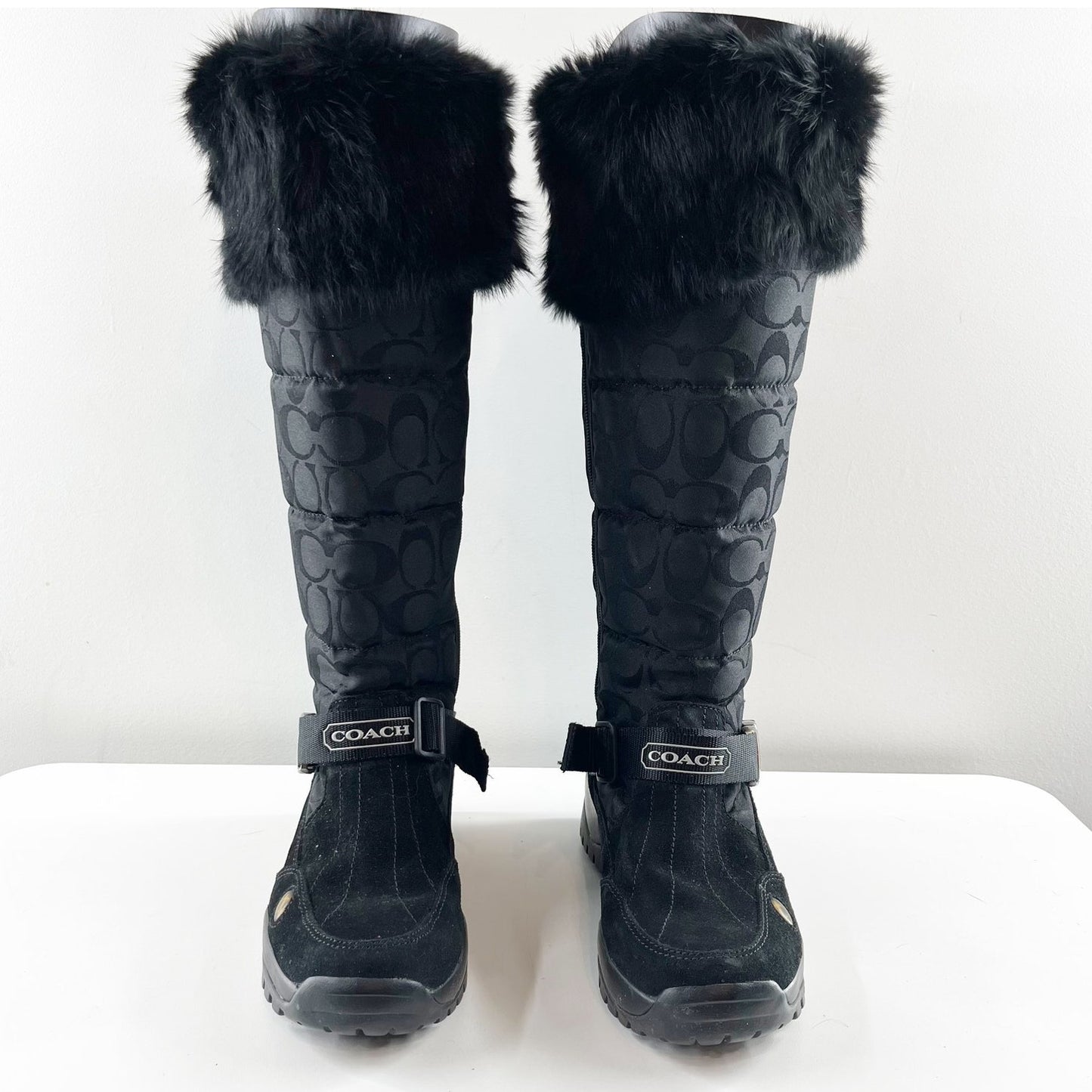 Coach Knee High Faux Fur Trim Signature C Logo Suzy Boots Black 8