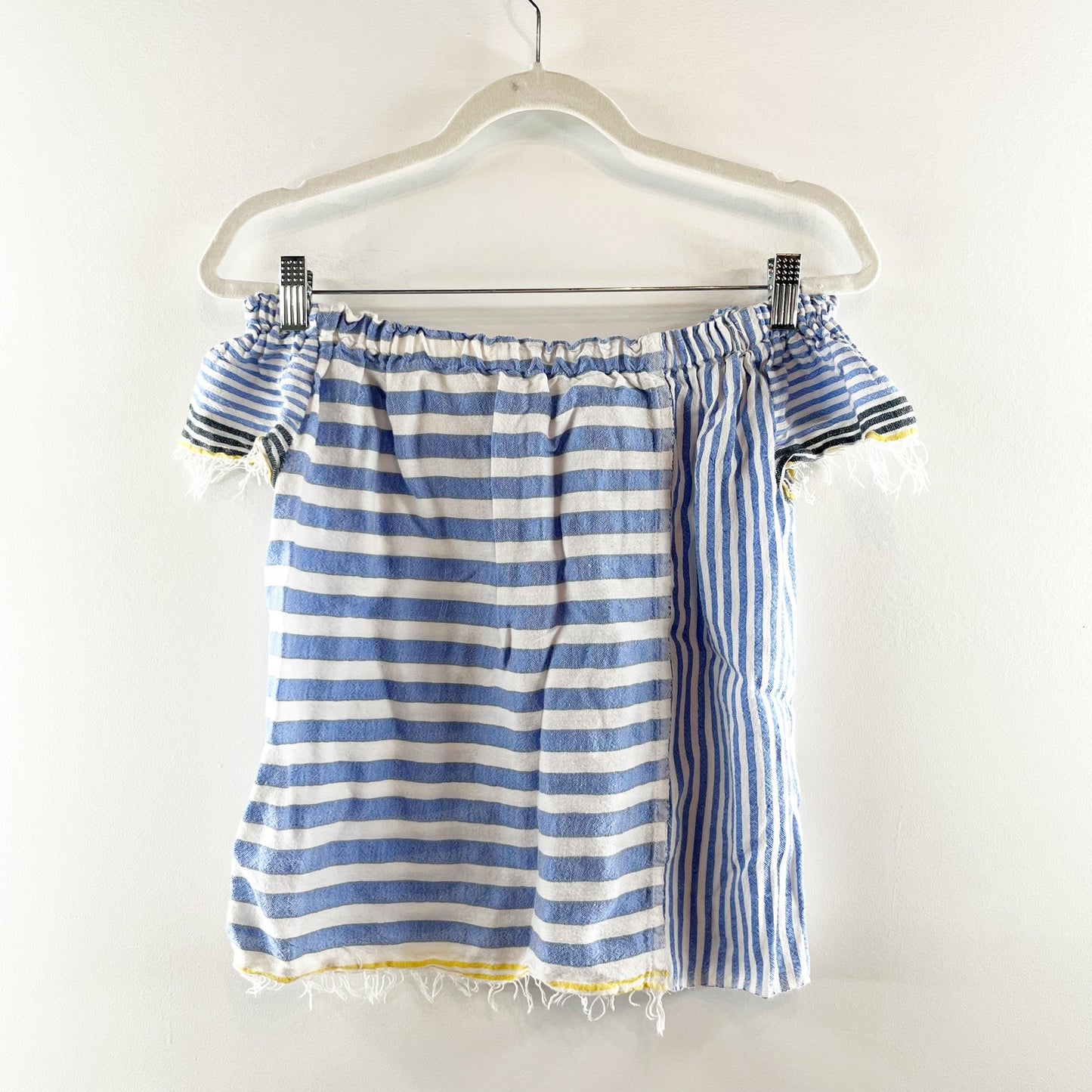 LemLem Striped Fringe Off Shoulder Cotton Top Blouse Blue White Yellow XS