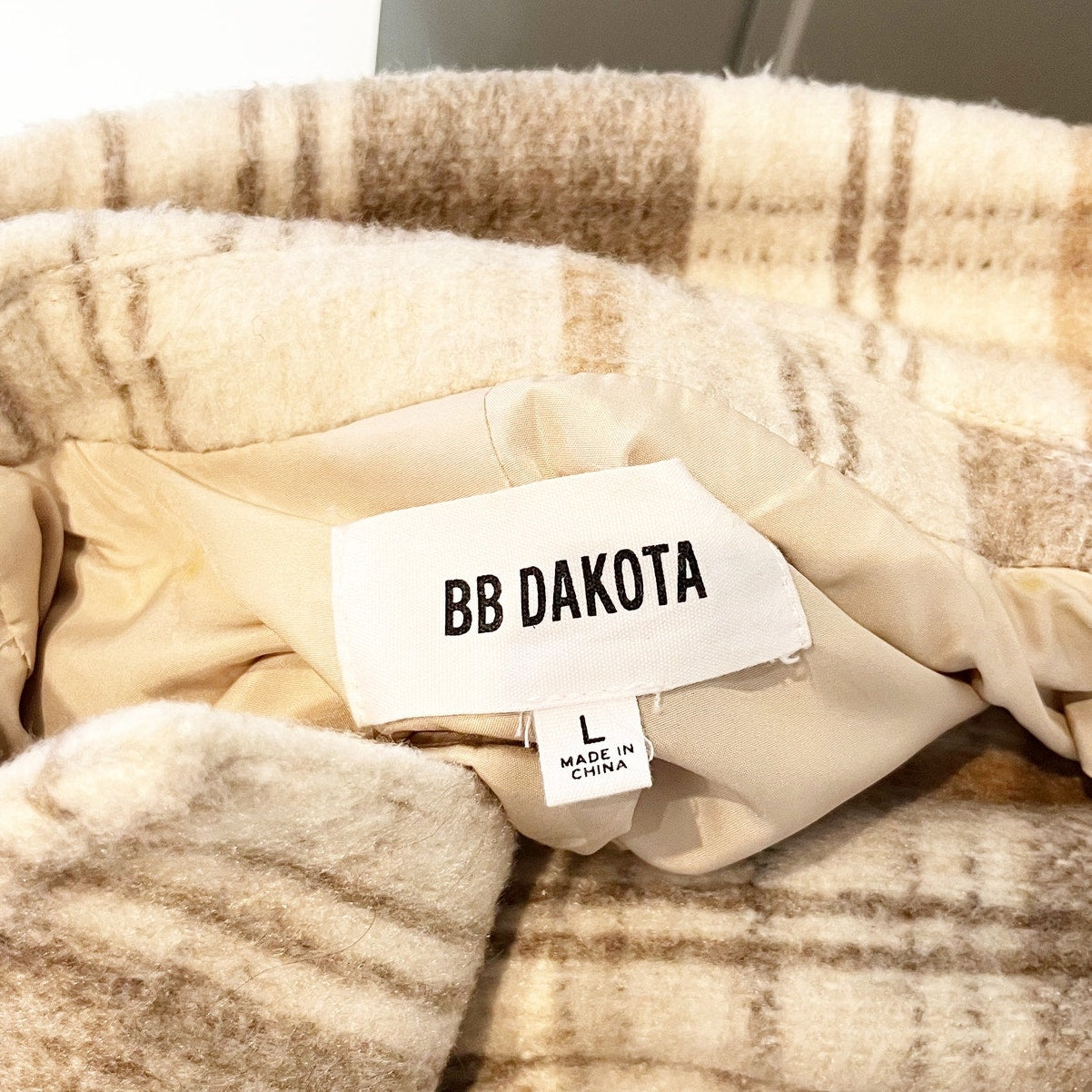 BB Dakota Plaid To Be Said Long Sleeve Notch Lapel Overcoat Peacoat Tan Large