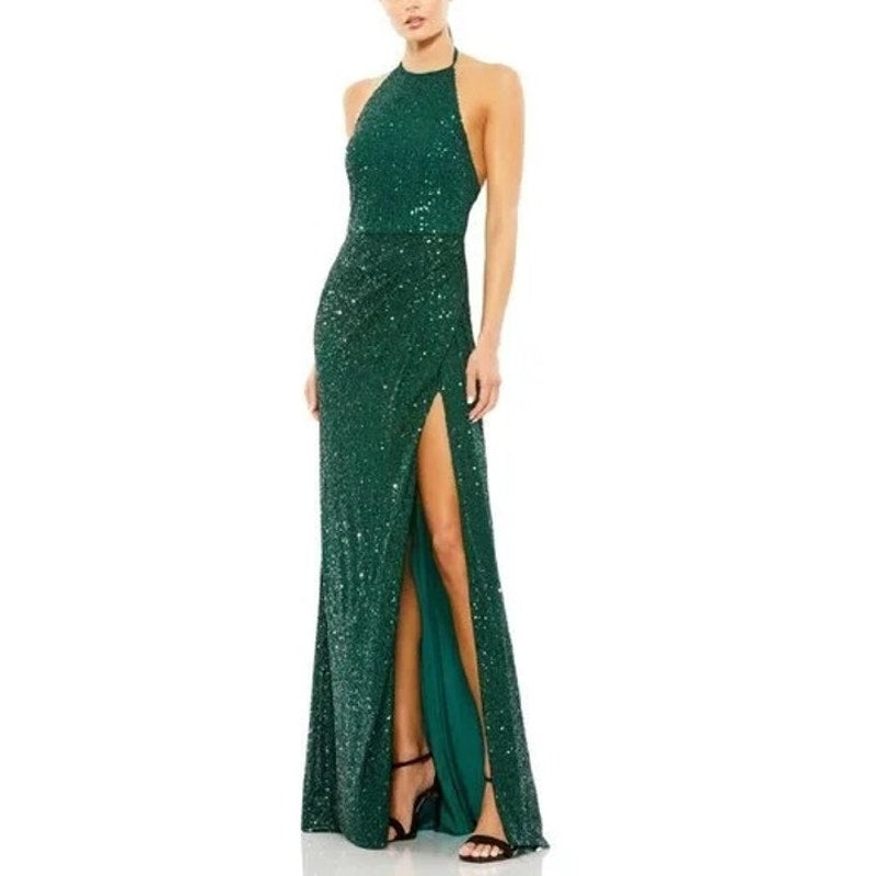 Ieena for Mac Duggal Sequin Formal Halter Maxi Gown Dress Bottle Green 10
