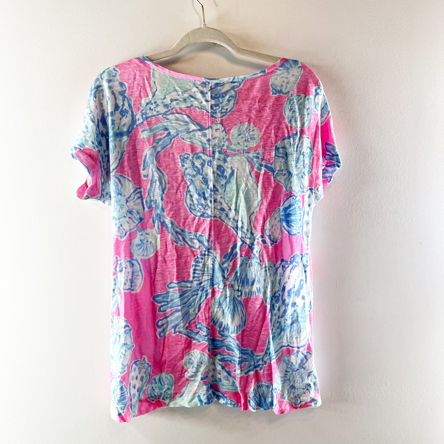 Lilly Pulitzer Mikela Short Sleeve Linen Printed Tee Shirt Top Blue Pink Medium