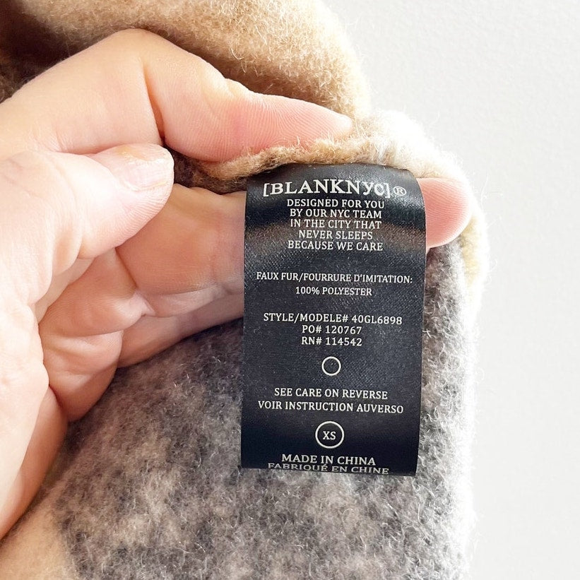 Blank NYC Good Time Faux Fur Plaid Button Up Vest Cream Gray Brown XS